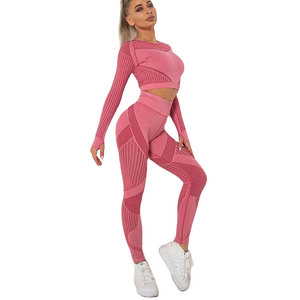 Pink 2 Piece Yoga Set Racerback Square Neck Seamless Ribbed Crop <b>Top</b> High Waist Full Length Leggings Solid Color Four Way - Product Image 2