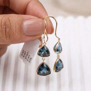Pendientes Colgantes de Oro Amarillo Sólido de 18K con Topacio Azul de Londres Natural, Engastados en Bisel, Joyería Fina, Memoria Jewels, Venta al por Mayor - Product Image 6