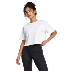 <b>Women's</b> <b>White</b> Cropped T-<b>Shirt</b> Crew Neck <b>Short</b> <b>Sleeve</b> Loose Fit Solid Color 100% Cotton Jersey Casual Wear All Seasons - Product Image 1