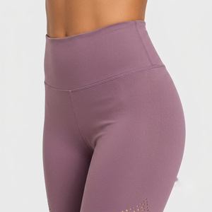 Leggings taille haute pleine longueur, couleur unie violet, tricotés, extensibles, respirants, style sportif, design sans couture - Product Image 3