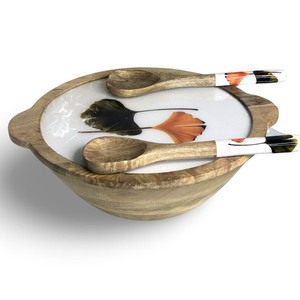 Nouveauté : Bol en bois avec motif feuille de Ginkgo, style Wabi Sabi, finition naturelle non traitée, pour servir les aliments - Product Image 2