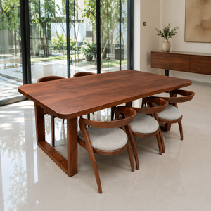 Ensemble de table à manger en bois de noyer massif, style nordique moderne, mobilier de salle à manger spacieux pour 6 personnes - Product Image 1