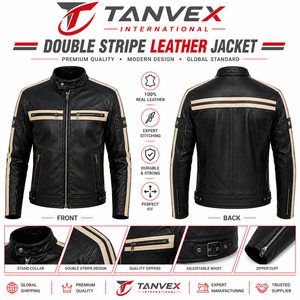 Chaqueta de Cuero para Hombre TANVEX, Corte Entallado, Estilo Ejecutivo, Color Negro, Cuello Alto, Ecológica, Estilo Motero, con Cierre y Bolsillos Delanteros - Product Image 4