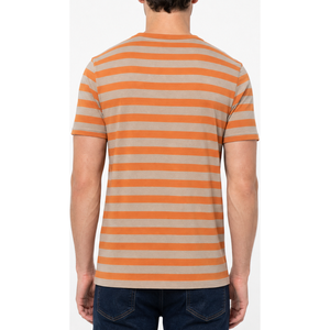Camiseta de hombre a rayas bicolor naranja y beige al por mayor, con logo personalizado, transpirable, informal, de verano, con estampado de moda. - Product Image 4