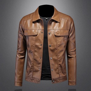 Chaqueta de Cuero PU Marrón para Hombre, Cuello Camisero, Cierre de Botones, Corte Entallado, Estilo Casual Otoñal, Color Sólido, Estilo Vintage - Product Image 6