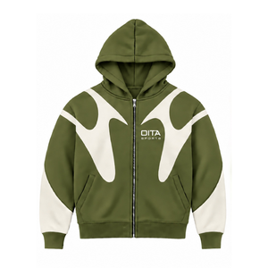 Olive Green Contrast Panel <b>Zip</b> Up <b>Hoodie</b> Men Streetwear Full Zipper Long Sleeve Casual Fleece Hooded Jacket With <b>Pockets</b> - Product Image 1