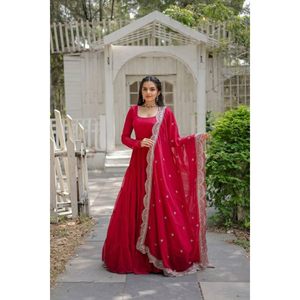 NEW ARRIVAL Georgette Ruffled <b>Flared</b> Gown with Dupatta in <b>Red</b> - Product Image 1