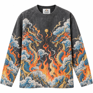 T-shirt à manches longues surdimensionné avec motif dragon, vente en gros, vintage, délavé à l'acide, écologique, respirant, coton lourd 300g - Product Image 1