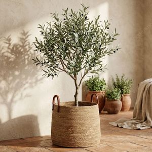 Panier rond en jonc de mer fait main avec poignées en cuir, paniers de rangement tissés, décoration de salon, produits d'organisation domestique - Product Image 3
