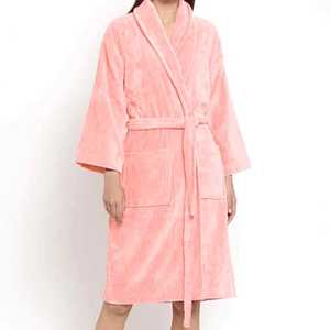 Robe de chambre en polaire pour femme, longue, à manches longues, douce et confortable, col en V, rose uni, hiver, avec poches, en coton/fibre de bambou, respirante - Product Image 1