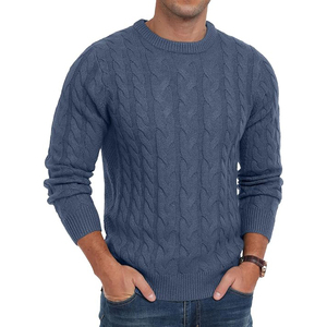 Blue Cable Knit <b>Pullover</b> <b>Sweater</b> Crew Neck Full Sleeve Regular Fit Autumn Knitted Solid Color <b>Sweater</b> - Product Image 3