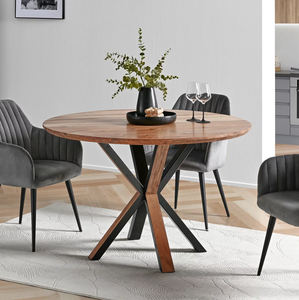 Table de salle à manger industrielle Star Base, combinant bois et finition noire mate, plateau rond en bois d'acacia massif, pour la maison et la cuisine - Product Image 1