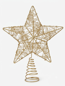 Adorno de árbol de Navidad con forma de estrella de perlas y alambre dorado, con base en espiral y detalles brillantes. - Product Image 3
