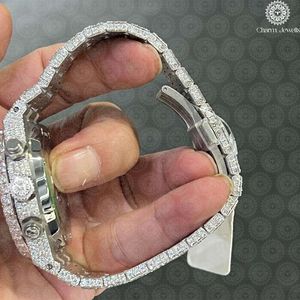 Charm Jewells Montre de luxe pour hommes en acier inoxydable avec chronographe incrusté de diamants, analogique à quartz, boîtier rond de 42 mm, fermoir pliant - Product Image 3