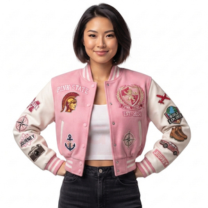 2026 New Casual Fashion Best hot Selling <b>Women's</b> vintage patchwork style Varsity <b>Jacket</b> Cropped Wool and Leather Sleeve <b>Jackets</b> - Product Image 1