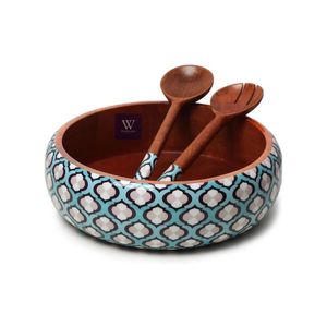 Bol en bois artisanal écologique au design classique avec ustensiles de service pour la présentation des aliments lors de fêtes - Product Image 1