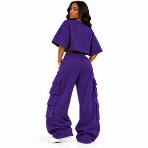 Nouvel ensemble de survêtement en molleton violet pour femme, comprenant un sweat à capuche cargo coupe carrée, un sweat-shirt court et un pantalon utilitaire à jambes larges, style streetwear oversize personnalisé - Product Image 2