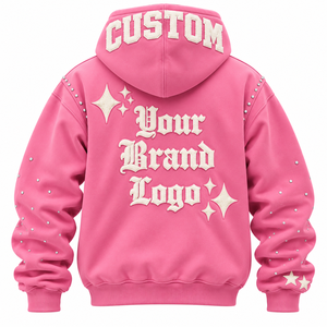 Conjunto de Sudadera con Capucha y Cremallera Bordada con Pedrería Rosa, Estilo Y2K, con Apliques de Letras y Tachuelas, Unisex, de Forro Polar - Product Image 2