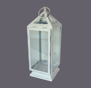 Lanterne à bougie suspendue en métal blanc vieilli, grande, avec toit pyramidal, anneau en verre bleu teinté et poignée, pour décoration de table - Product Image 5