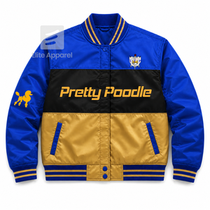 Chaqueta de carreras personalizada de la hermandad Sigma Gamma Rho con logo bordado en azul y dorado, estilo racing para mujer con forro de poliéster. - Product Image 1