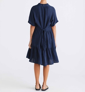 Robe décontractée vintage en lin à manches chauve-souris, coupe trapèze, longueur genou, écologique, respirante, avec ourlet à volants élégant, ajustable, grande taille - Product Image 2