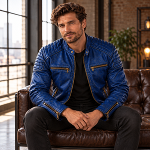 Chaqueta de Cuero Genuino Azul para Hombre, Estilo Café Racer, para Invierno, con Hombros Acolchados Texturizados, Cremalleras de Latón, Puños con Cremallera, Cuello Alto, Seda - Product Image 5