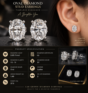 Boucles d'oreilles clous en or jaune 9K avec diamant de laboratoire taille ovale, sertissage griffe, certifiées IGI, plaquées rhodium, pour cadeau femme - Product Image 2