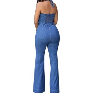 Mono vaquero azul personalizado con pierna acampanada para mujer, sin mangas, con corpiño ajustado y botones frontales, estilo streetwear de una pieza. - Product Image 2