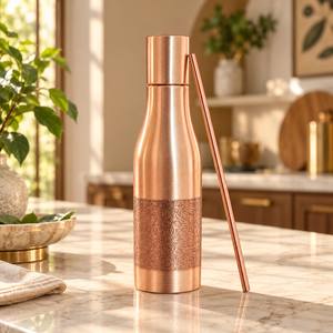Botella de agua de cobre puro de alta calidad, 1 litro, diseño champán con grabado y pajita de cobre para el hogar y la oficina, botella de cobre puro. - Product Image 5