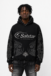 Sweat-shirt à capuche noir personnalisé avec strass effet vieilli pour homme, streetwear, logo personnalisé, impression graphique et manches ornées - Product Image 3