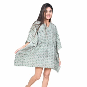 Vestido Kaftán con Estampado Floral para Mujer, Cuello en V, Largo hasta la Rodilla, Corte Holgado, 100% Algodón, Sin Mangas, Tejido, Verano, Casual, Playa, Vacaciones - Product Image 1
