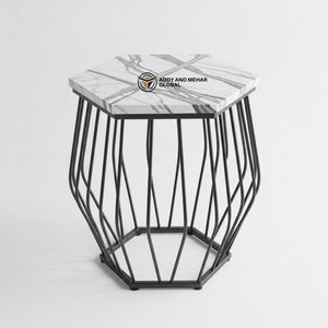 Mesa de Centro de Lujo de MDF Blanco y Madera Maciza, Forma Hexagonal, Taburete de Metal con Recubrimiento de Polvo Negro, Minimalista, para Dormitorio o Entrada - Product Image 1