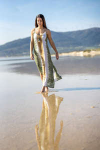 Robe longue d'été en coton tie-dye pour femme, sans manches, coupe maxi, vêtement tendance pour femme - Product Image 2