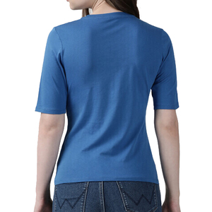 Camiseta de Manga Corta con Cuello Redondo para Mujer, Color Azul Sólido, Informal, Transpirable, Corte Regular, 100% Algodón Jersey, Tejido de Punto, para Todas las Temporadas - Product Image 2