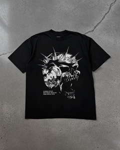 Camiseta con gráfico de calavera con púas Human Vices, negra, Oversized Records, Healing Pain Since 2018, camiseta desgastada, unisex - Product Image 2