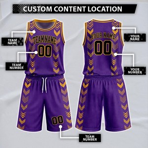 Uniforme de basket-ball personnalisé, imprimé géométrique violet et jaune, sublimé, nom et numéro personnalisés, débardeur en maille unisexe pour adulte, short - Product Image 2