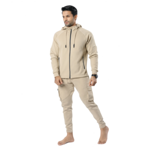 Custom Men’s Beige Cargo Tracksuit Full <b>Zip</b> <b>Hooded</b> Jacket and Multi Pocket Jogger Pants Private Label Techwear Sportswear Set - Product Image 1