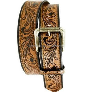 Ceinture en cuir occidentale unisexe, fabrication professionnelle directe d'usine, brun tan, motif floral, sculptée à la main, boucle en laiton - Product Image 2