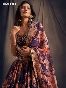 Gorgeous Looking Organza with Floral Print-<b>Sequins</b> & Zari Embroidered <b>Flared</b> Purple Lehenga-Choli Set Indian Supplier - Product Image 2