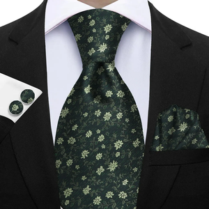 Conjunto de Corbata Floral Premium de 3 Piezas - Corbata de Poliéster Seda, Pañuelo de Bolsillo y Gemelos - Elegante para Bodas y Ocasiones Formales - Product Image 2