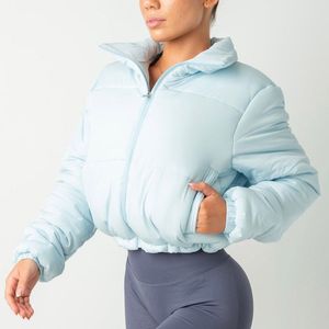 Veste courte matelassée bleu clair pour femme avec col montant, manches longues et fermeture éclair – Idéale pour l'hiver - Product Image 4