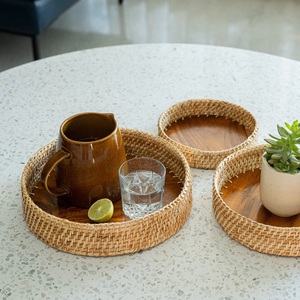 Plateau d'organisation pour café, rond, style bohème, en rotin, élégant et raffiné, article de table - Product Image 6