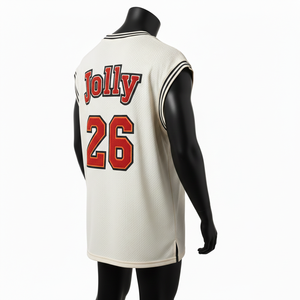 Maillot de basket en mesh GSM pour homme, blanc, avec bordure côtelée, sans manches, logo personnalisé brodé, 100% coton, coupe ample, imprimé. - Product Image 5