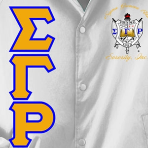 <b>White</b> Women's Greek Letter Embroidered Knitted Breathable <b>Button</b> Jacket Gold Applique Letters Blue Outline Collegiate Crest Logo - Product Image 5