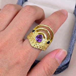 Solid 925 Sterling Silver Amethyst Cocktail <b>Ring</b> Bezel Set Gold Plated Geometric Band <b>Crown</b> Shape Heart Cut Gemstone Men <b>Ring</b> - Product Image 5