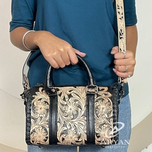 Luxury Western Style Tooled Floral Carving Leather Duffel <b>Bags</b> Genuine Leather Durable <b>Crossbody</b> Travel Weekender Women Handbags - Product Image 1