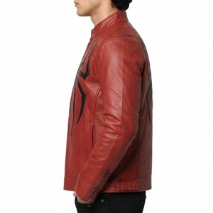 <b>Red</b> Spider Embossed PU <b>Leather</b> <b>Jacket</b> <b>Men</b> Stand Collar Zipper Front Character Pattern Moto Biker Style Autumn Casual Outerwear - Product Image 4