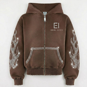 เสื้อฮู้ดผู้ชายสีน้ำตาลของ Ekin Impex ลายเปลวไฟประดับเพชร ซิปยาวเต็มตัว แจ็คเก็ตผ้าฟลีซลำลองสำหรับใส่ในฤดูใบไม้ร่วง - Product Image 1