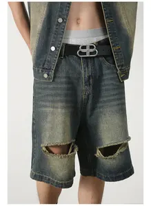 Ripped <b>Men's</b> Denim <b>Shorts</b> 100% Cotton Baggy Oversized Vintage Wash <b>Knee</b> <b>Length</b> Elastic Waist High Waist - Product Image 6