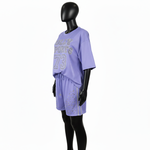 Ensemble short en jersey mesh pour femme, respirant, en polyester, avec logo thermocollé et strass, 100 % coton - Product Image 4